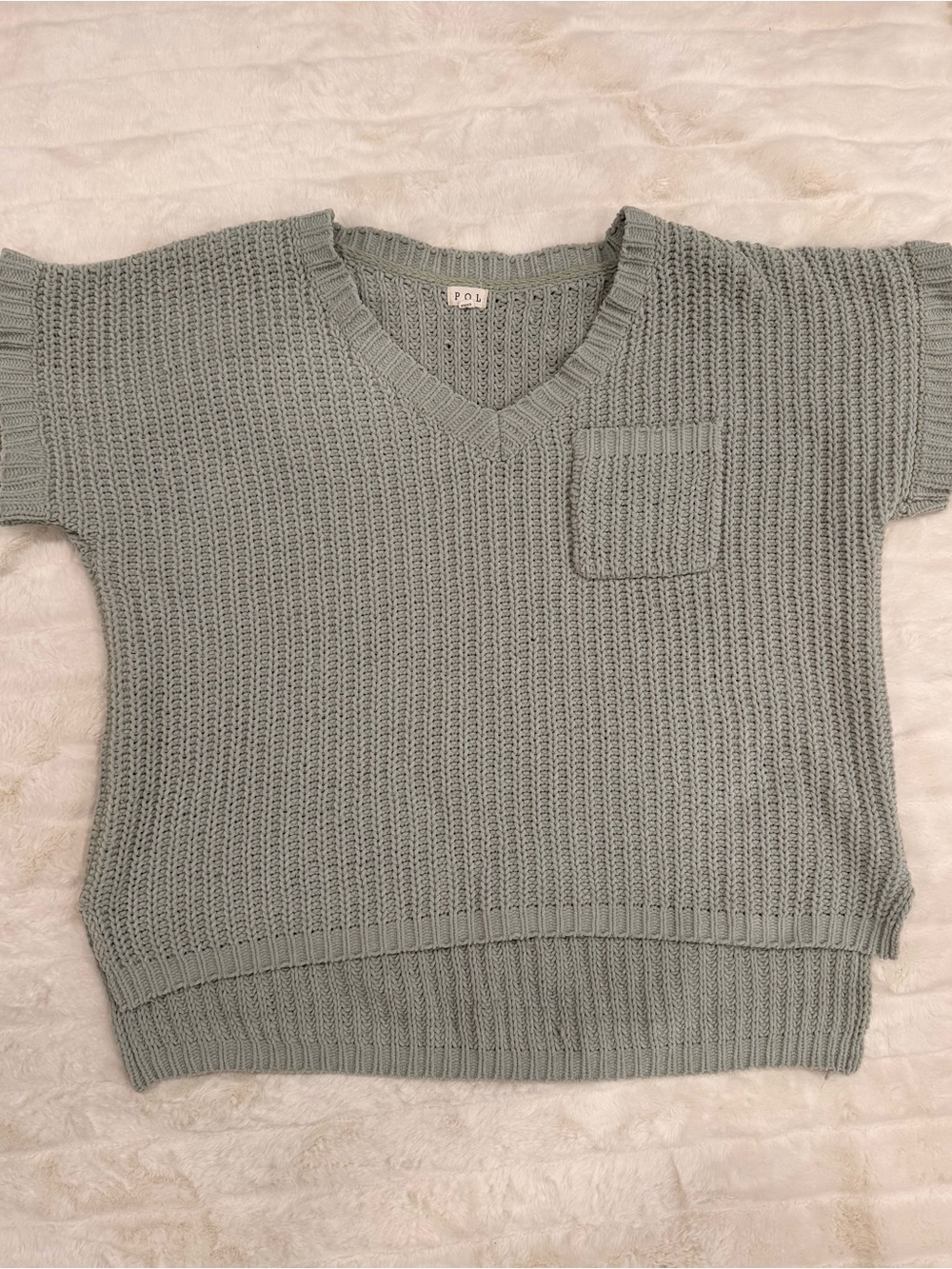 POL Short-Sleeve V-Neck Sweater in Sage Green- LARGE